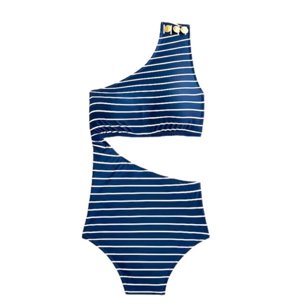 J Crew One Piece swimsuit bathing suit Navy blue white Striped cutout 16 new